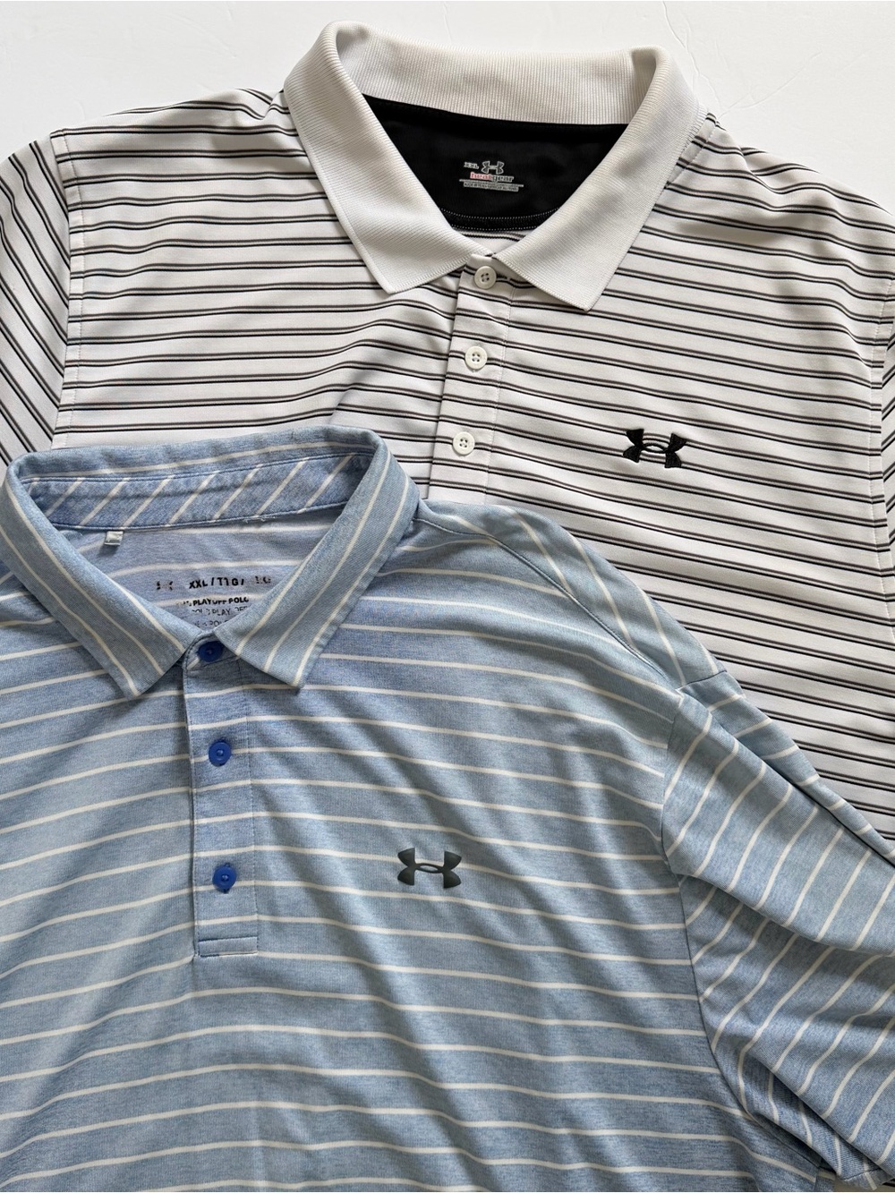 Under Armour Men's Striped Performace Golf Polo Shirt Lot of 2 Blue & White